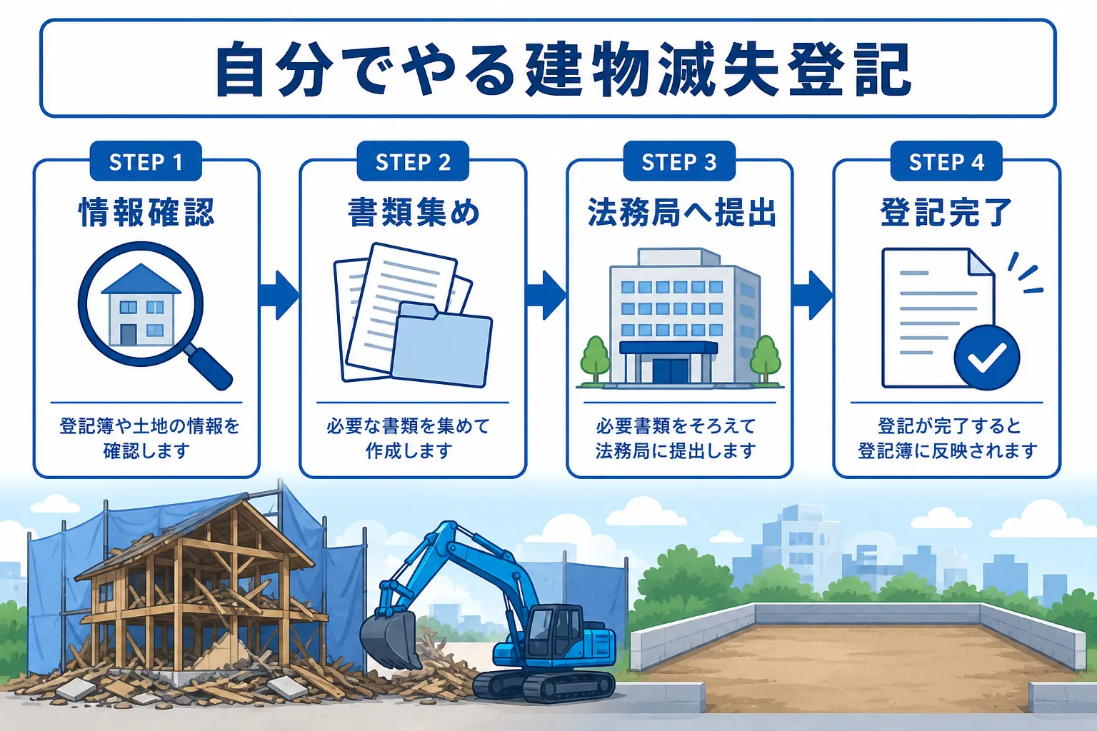 日本の木造住宅・空き家の解体現場を写実的に描いたビジュアル。重機・養生シート・整地後の更地など。基調色は #9a0300。実在する企業のロゴ・看板・車体・人物の顔は描かない。画像内に文字を入れない(図