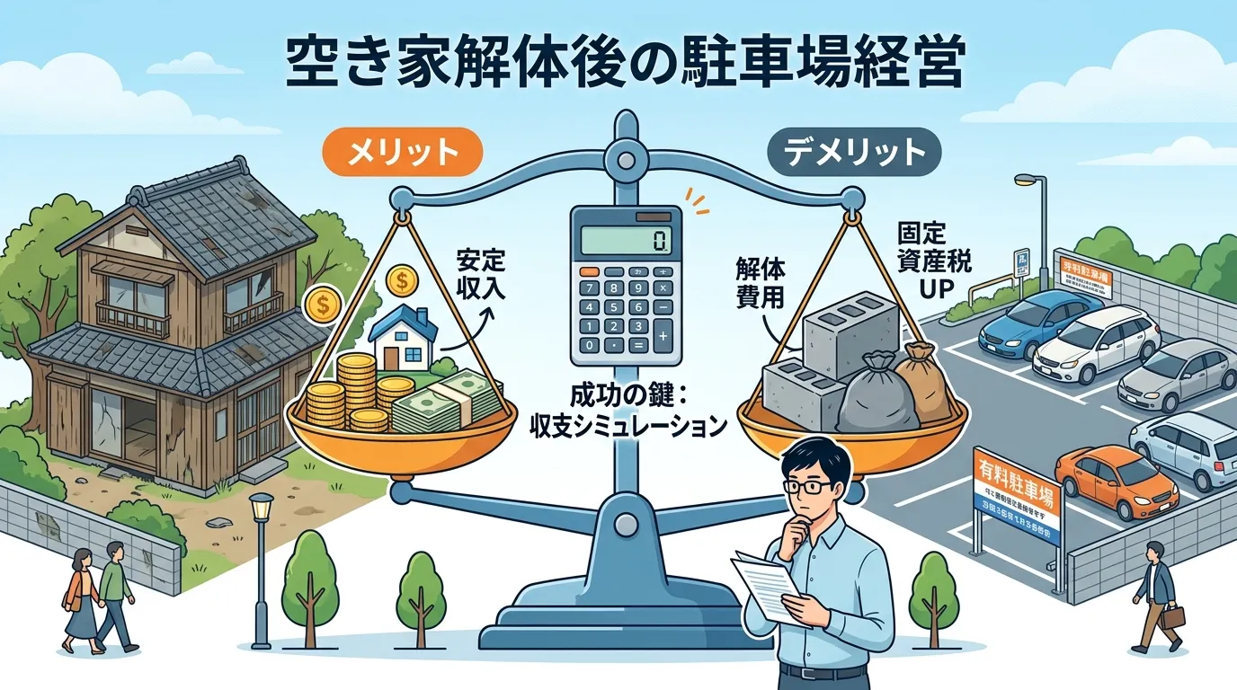日本人と現代日本の風景, 「空き家解体後の駐車場経営」をテーマにしたインフォグラフィック。中央の天秤が、左の皿に乗った「メリット（安定収入のコイン）」と、右の皿に乗った「デメリット（解体費用・固定資産