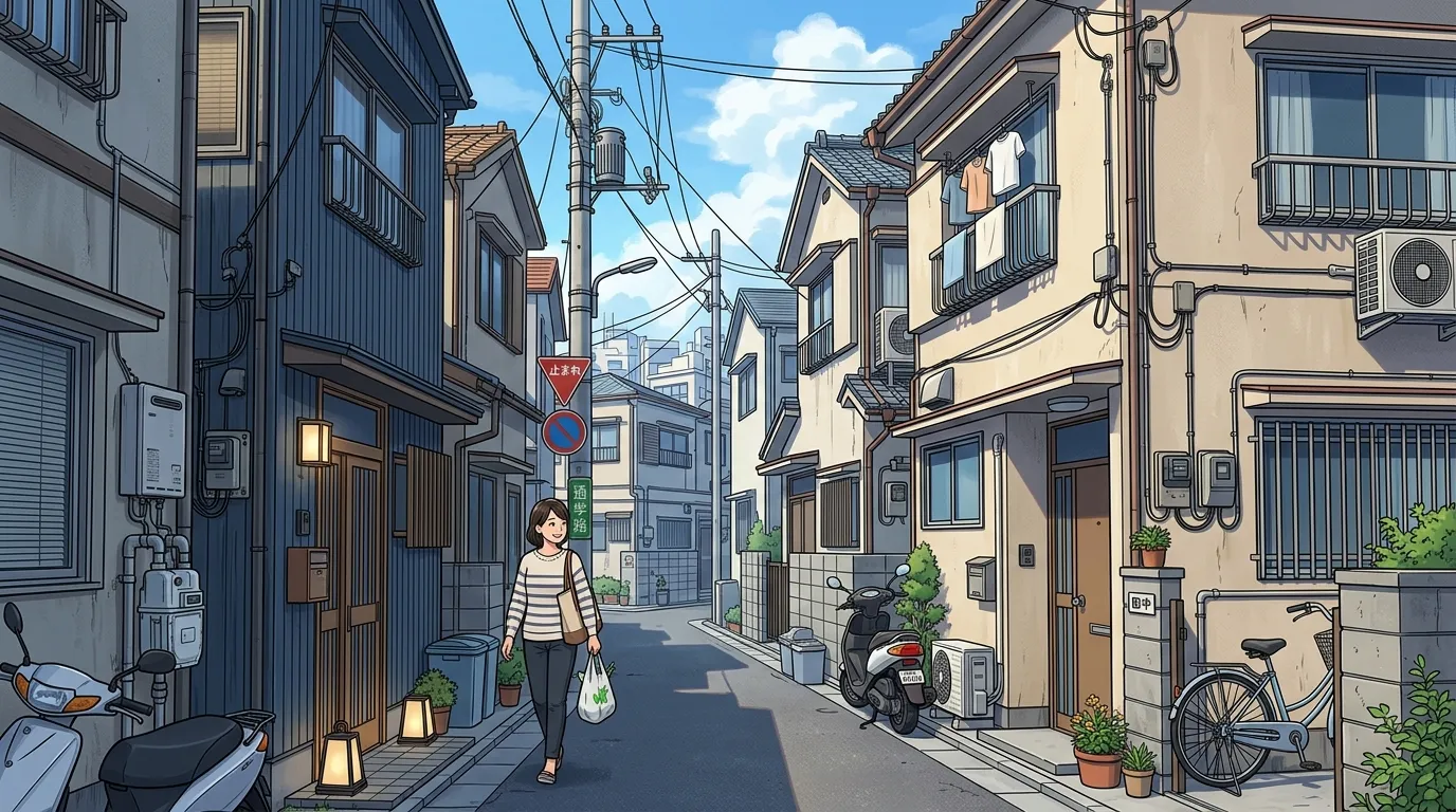隣の家の壁とほとんど接しているような住宅密集地の写真]