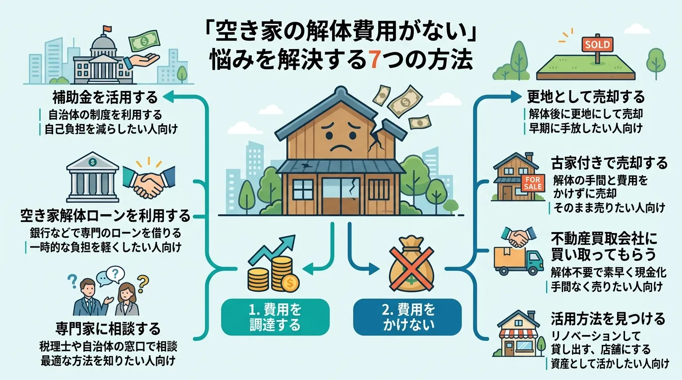 日本人と現代日本の風景, 「空き家の解体費用がない」という悩みを解決する7つの方法を示したインフォグラフィック。中央の困っている家のアイコンから、左に「費用を調達する（補助金、ローン、専門家に相談）」