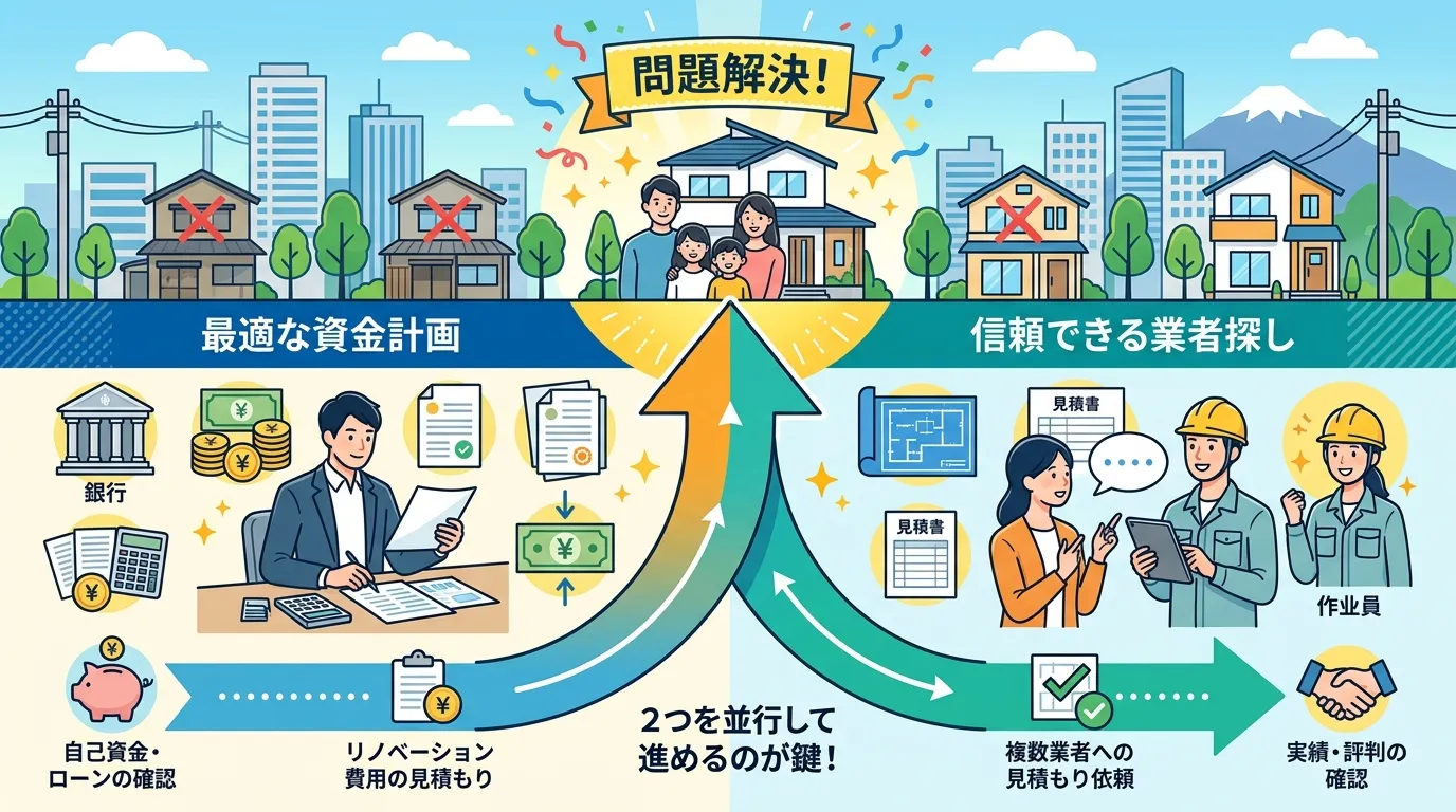日本人と現代日本の風景, 「空き家問題解決」をテーマにしたインフォグラフィック。フラットデザインの明るいデジタルイラスト。画面を左右に分け、左に「最適な資金計画」（銀行、お金のアイコン）、右に「信頼で