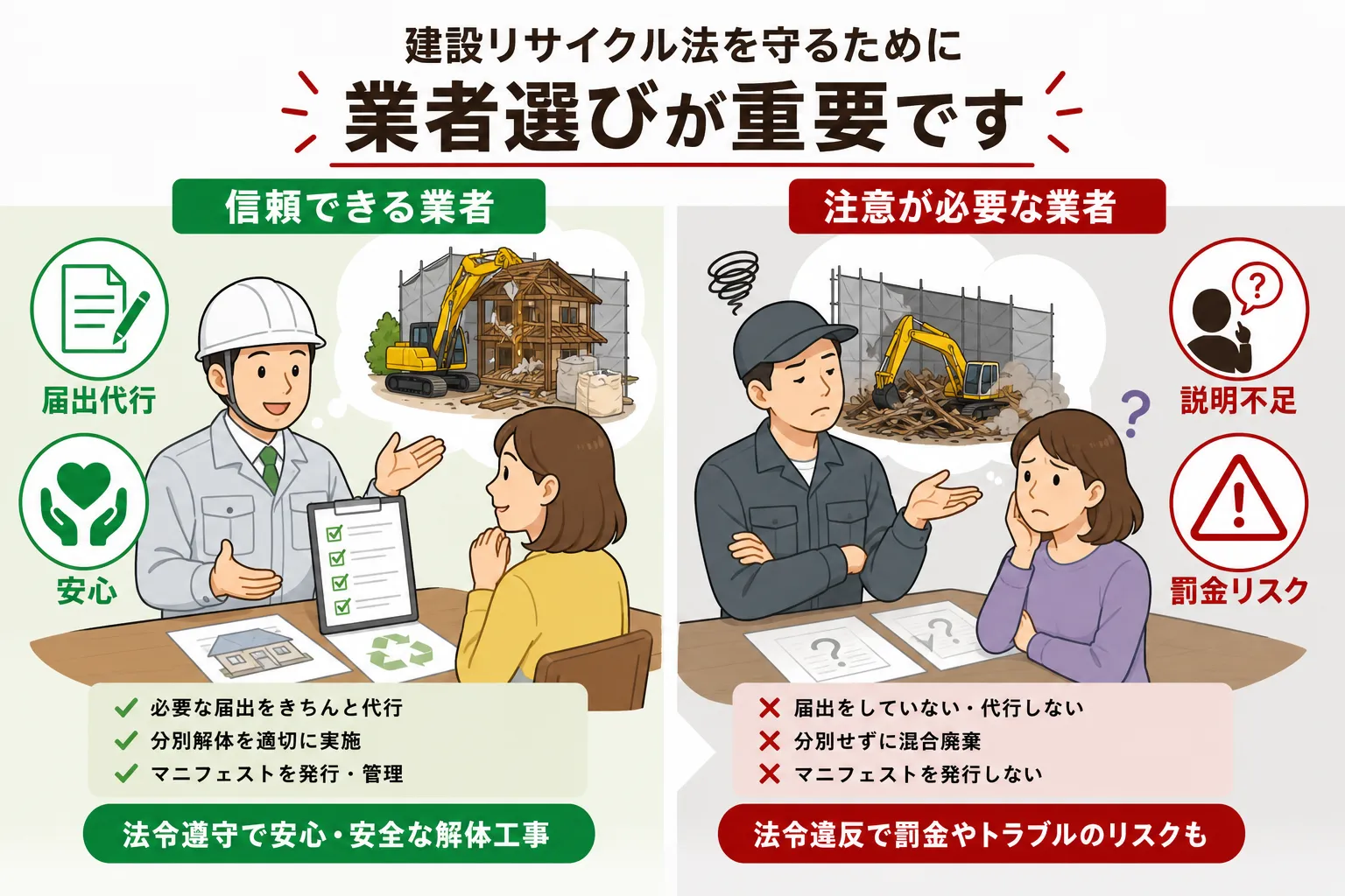 日本の木造住宅・空き家の解体現場を写実的に描いたビジュアル。重機・養生シート・整地後の更地など。基調色は #9a0300。実在する企業のロゴ・看板・車体・人物の顔は描かない。画像内に文字を入れない(図