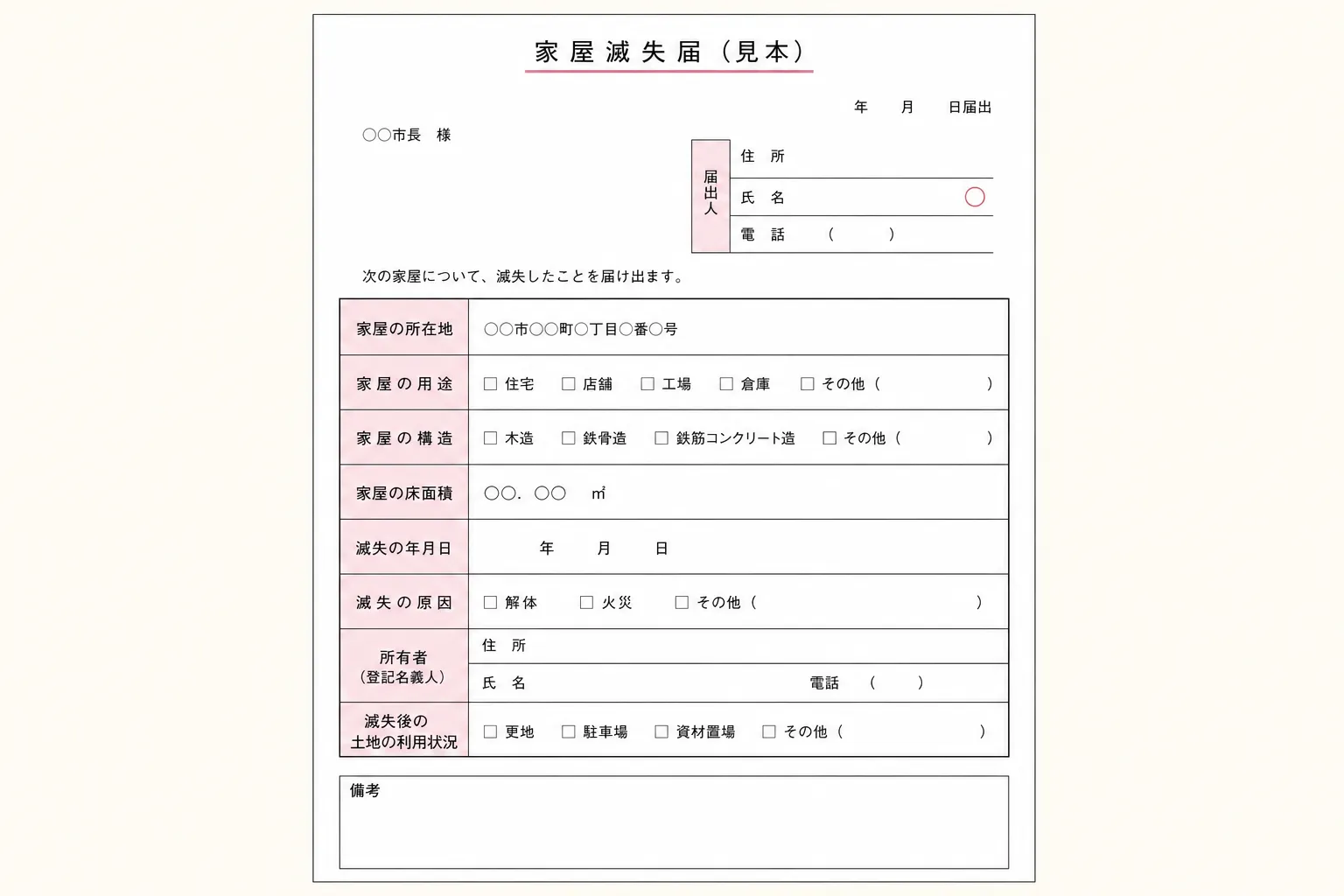 自治体が公開している「家屋滅失届」の書式サンプルの画像。具体的な記入項目がわかるもの]