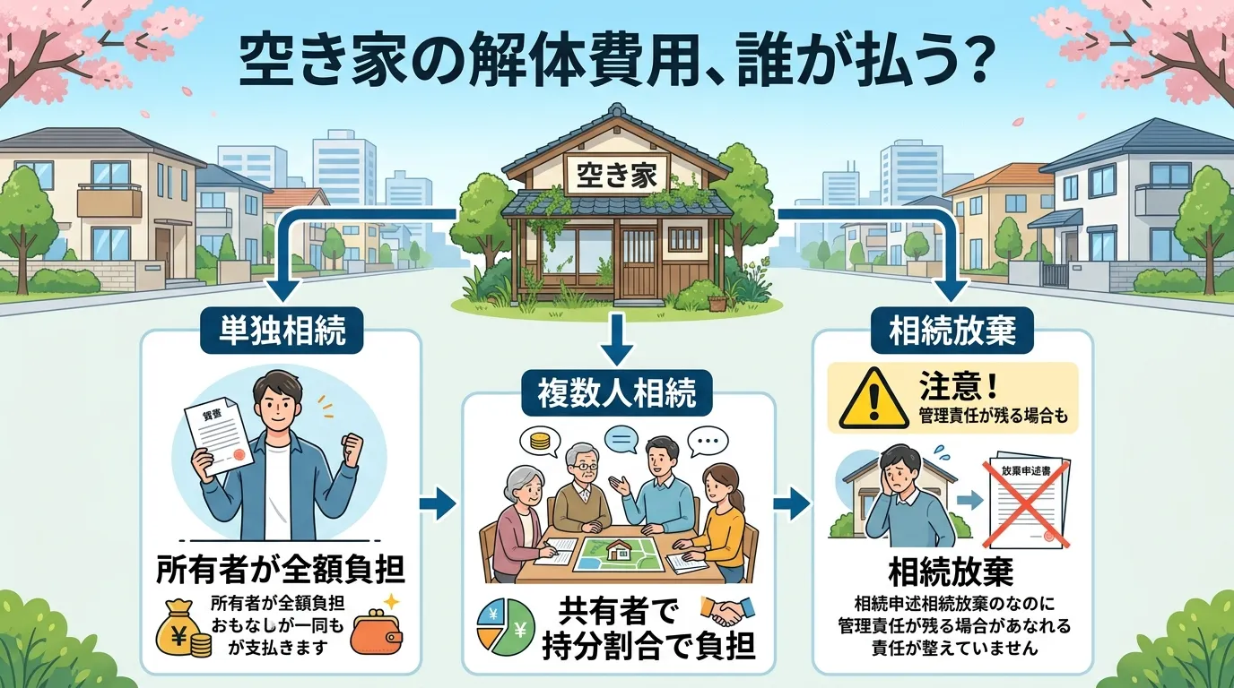 日本人と現代日本の風景, インフォグラフィック、フローチャート。「空き家の解体費用、誰が払う？」というタイトル。中央の家のイラストから3方向に分岐。左「単独相続」：1人の人物イラストと「所有者が全額負