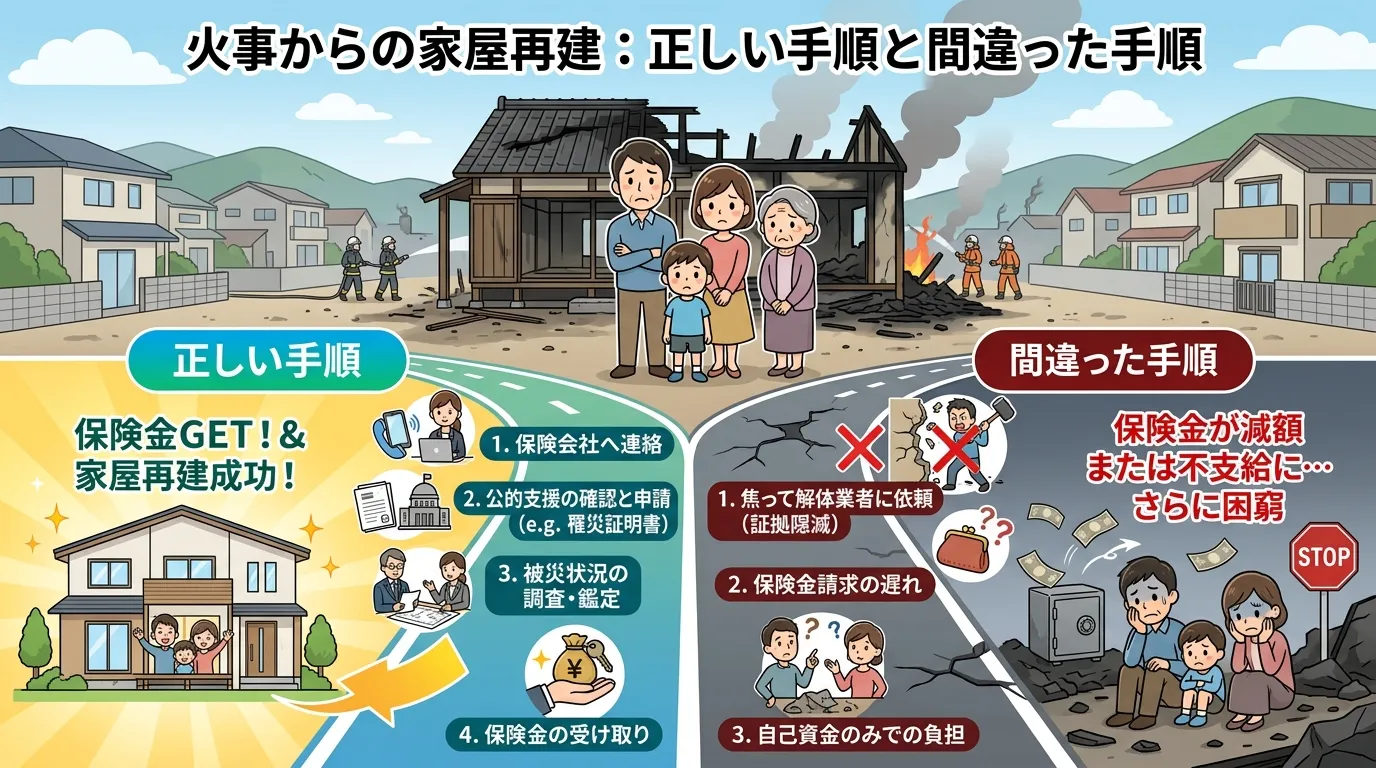 日本人と現代日本の風景, インフォグラフィック。火事で被災した家の前に立つ不安な家族。目の前に道が二つに分岐。左の「正しい手順」の道は明るく、「保険会社連絡」「公的支援確認」のアイコンが並び、ゴールに