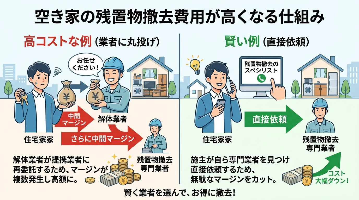 日本人と現代日本の風景, インフォグラフィック、「空き家の残置物撤去費用が高くなる仕組み」の図解。左右2分割の比較図スタイル。左側に「高コストな例」として、施主が解体業者に丸投げし、解体業者が専門業者