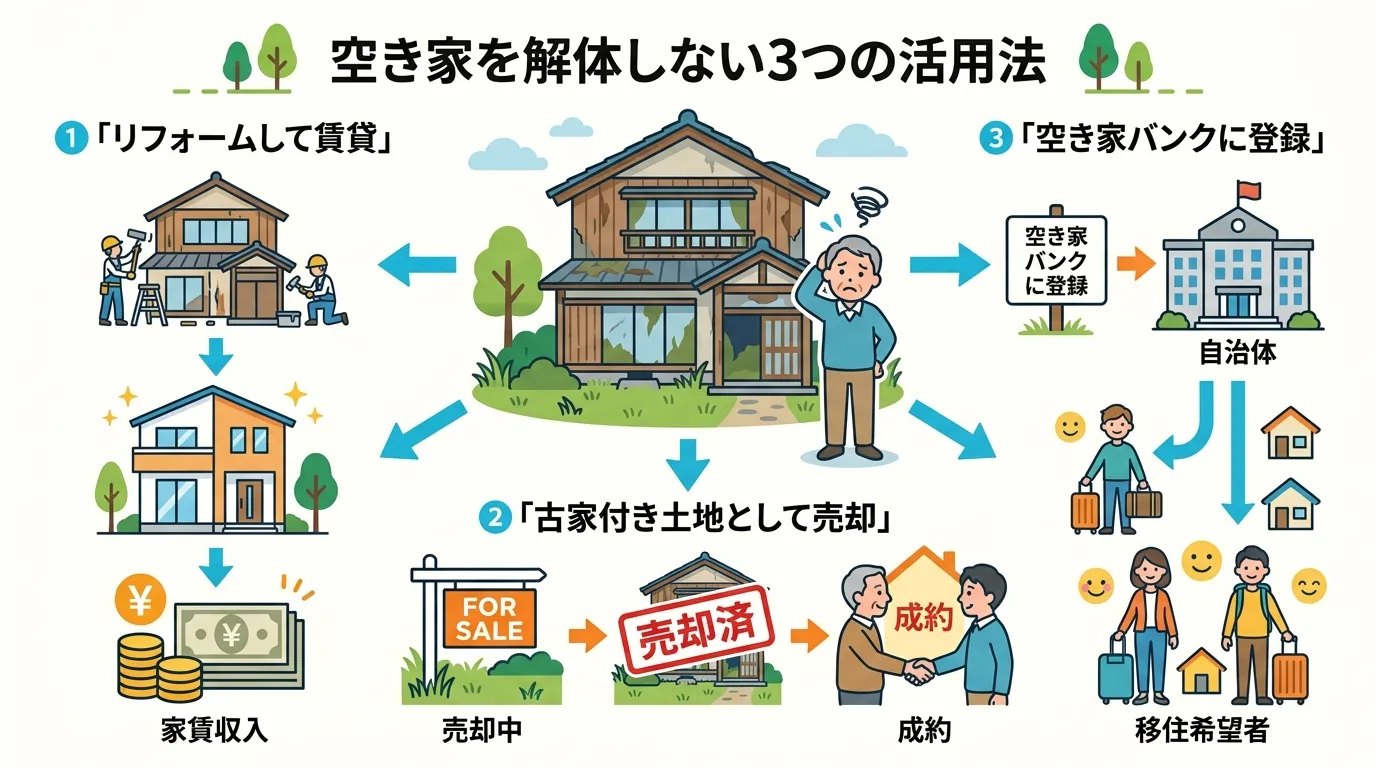 日本人と現代日本の風景, インフォグラフィック。「空き家を解体しない3つの活用法」という日本語タイトル。中央に古い家と悩む人物のイラスト。そこから3つの選択肢が分岐する図解。①「リフォームして賃貸」の
