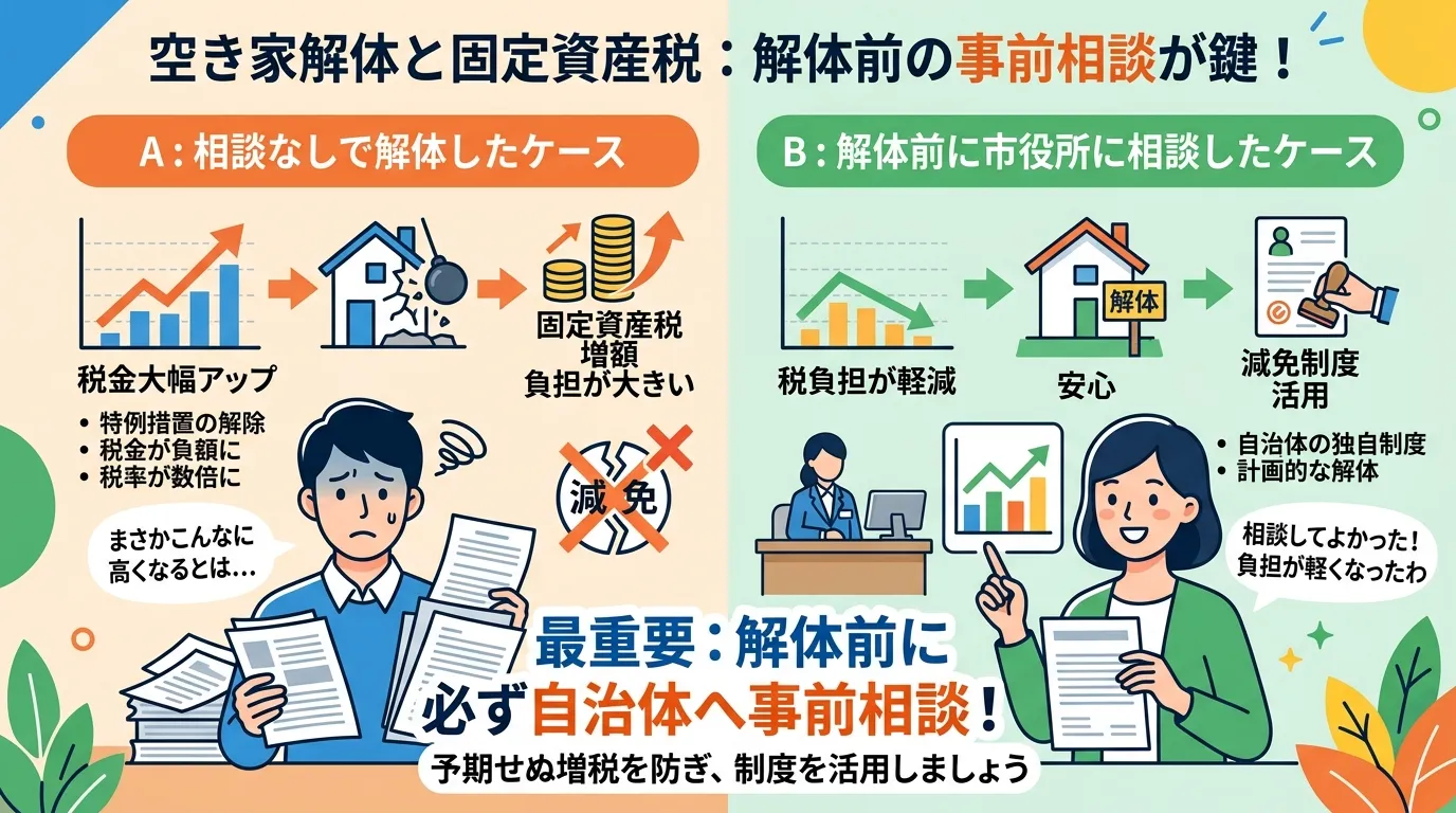 日本人と現代日本の風景, 空き家解体と固定資産税に関するインフォグラフィック。フラットデザインのデジタルイラストで、画面を左右に分割した比較図。「相談なしで解体して税金が大幅アップし困る人」と、「解体