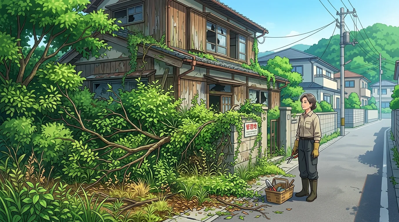 敷地から雑草や木の枝がはみ出している管理不全な空き家の写真。やるべきことの必要性を視覚的に訴える。]