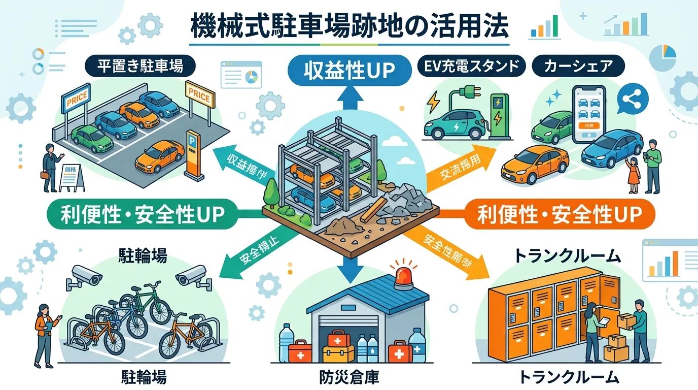 日本人と現代日本の風景, 「機械式駐車場跡地の活用法」をテーマにしたインフォグラフィック。中央に解体された駐車場のイラストを配置し、そこから「収益性UP」と「利便性・安全性UP」の2方向に分岐する構成