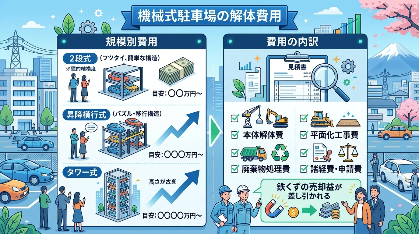 日本人と現代日本の風景, 「機械式駐車場の解体費用」というタイトルのインフォグラフィック。左側に「規模別費用」として2段式、昇降横行式、タワー式の駐車場のイラストとそれぞれの費用目安を記載。右側に「費