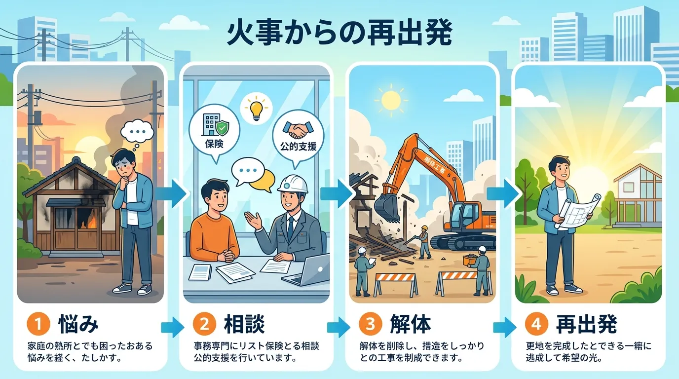 日本人と現代日本の風景, 火事からの再出発をテーマにした4ステップのフロー図インフォグラフィック。フラットデザインのデジタルイラストで、①燃えた家を前に悩む人、②ヘルメットを被った専門家に相談する人（