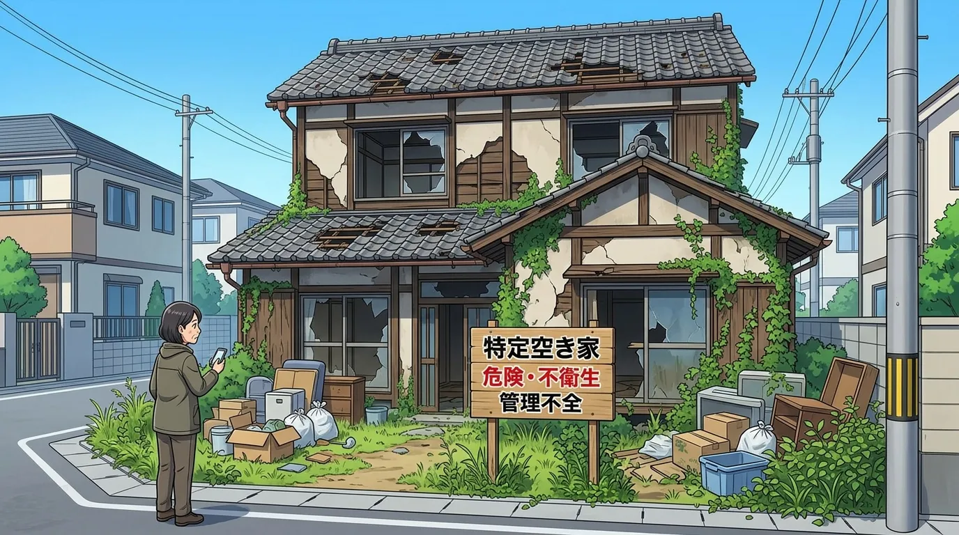 「特定空き家」に指定されやすい状態の具体例として、「屋根瓦が崩れ落ち、壁が剥がれている家屋」や「雑草が生い茂り、ゴミが散乱している敷地」など、危険性や不衛生さが一目でわかる写真。]