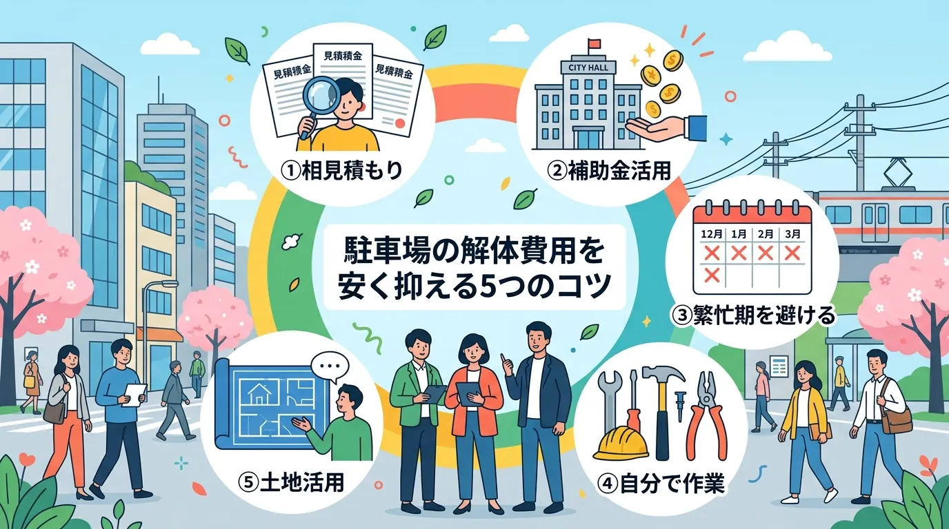日本人と現代日本の風景, 「駐車場の解体費用を安く抑える5つのコツ」をテーマにしたインフォグラフィック。明るい配色で親しみやすいフラットデザイン。中央にタイトルを配置し、その周りに5つのコツをアイコン