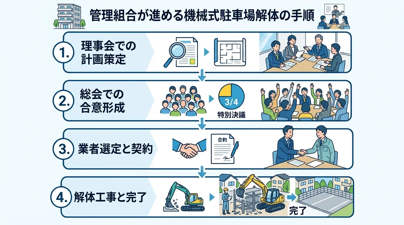 日本人と現代日本の風景, 「管理組合が進める機械式駐車場解体の手順」というテーマのインフォグラフィック。白背景に青を基調とした、シンプルで分かりやすいデジタルイラスト。上から下へ流れる4つのステップ図