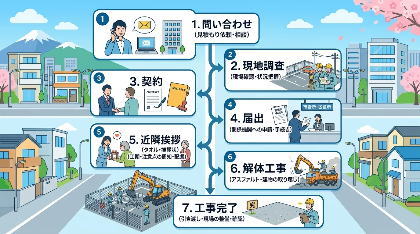 日本人と現代日本の風景, 駐車場の解体工事の流れを示すインフォグラフィック。上から下へ矢印で繋がった7つのステップ図で、各ステップには番号、アイコン、日本語のキーワード（1.問い合わせ、2.現地調査、