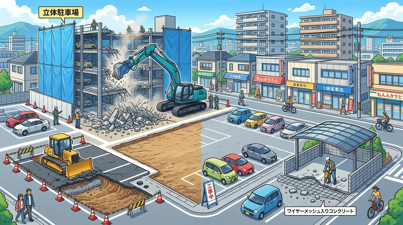 様々な種類の駐車場の解体事例写真。例：一般的なアスファルト駐車場、ワイヤーメッシュ入りコンクリート駐車場、カーポート付き駐車場、機械式立体駐車場など、解体前・解体中・解体後の様子がわかる写真。]