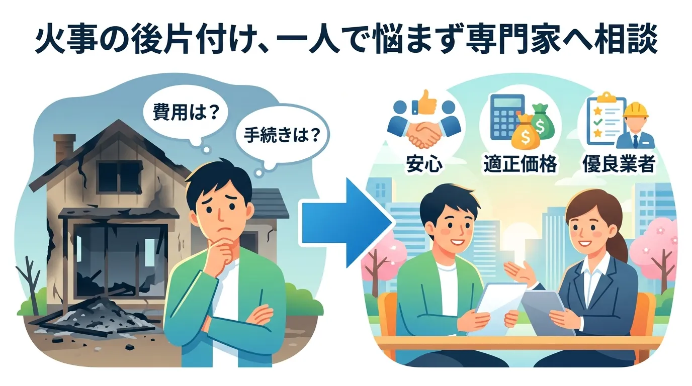 日本人と現代日本の風景, インフォグラフィック、フラットなデジタルイラスト。火事の後片付けの悩みが専門家への相談で解決する流れを示す図。左に、燃えた家を背景に「費用は？」「手続きは？」と悩む人物。右に