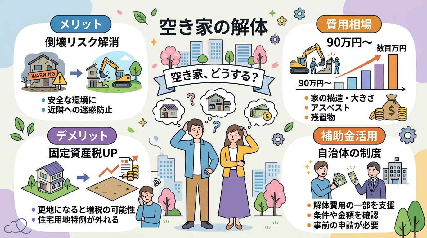 日本人と現代日本の風景, 「空き家の解体」をテーマにしたインフォグラフィック。中央に「空き家、どうする？」というタイトルと悩む人のイラストを配置。その周りに「メリット（倒壊リスク解消）」「デメリット（