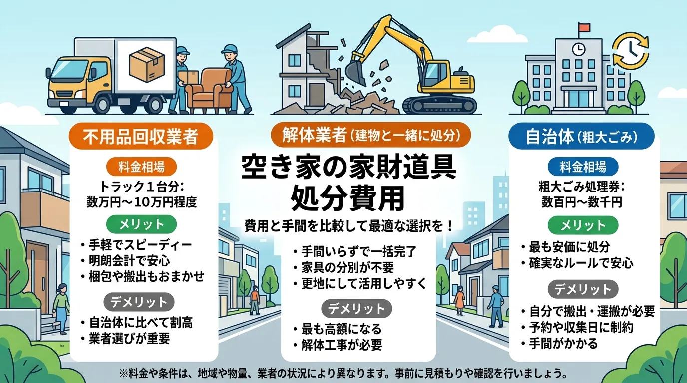 日本人と現代日本の風景, 「空き家の家財道具 処分費用」をテーマにしたインフォグラフィック。中央にタイトルを配置し、「不用品回収業者」「解体業者」「自治体」の3つの選択肢を列で比較する。各列にはトラッ