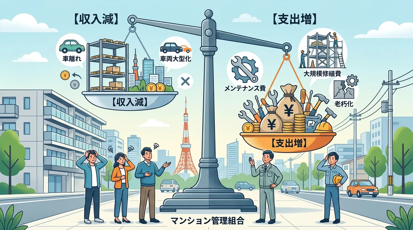 日本人と現代日本の風景, インフォグラフィック、フラットデザイン。機械式駐車場の問題を天秤で表現。左の皿は「収入減」と書かれ軽く、車離れや車両大型化を示す空の駐車パレットのアイコンが乗る。右の皿は「支