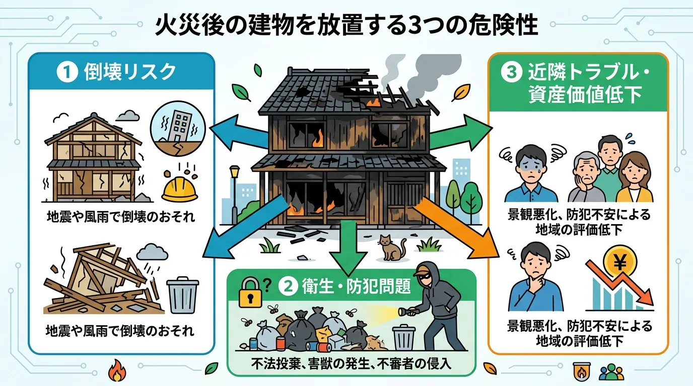 日本人と現代日本の風景, 「火災後の建物を放置する3つの危険性」をテーマにしたインフォグラフィック。中央に焼け焦げた家を配置し、そこから3方向へ矢印が伸びる構図。矢印の先には「倒壊リスク（崩れる家と地