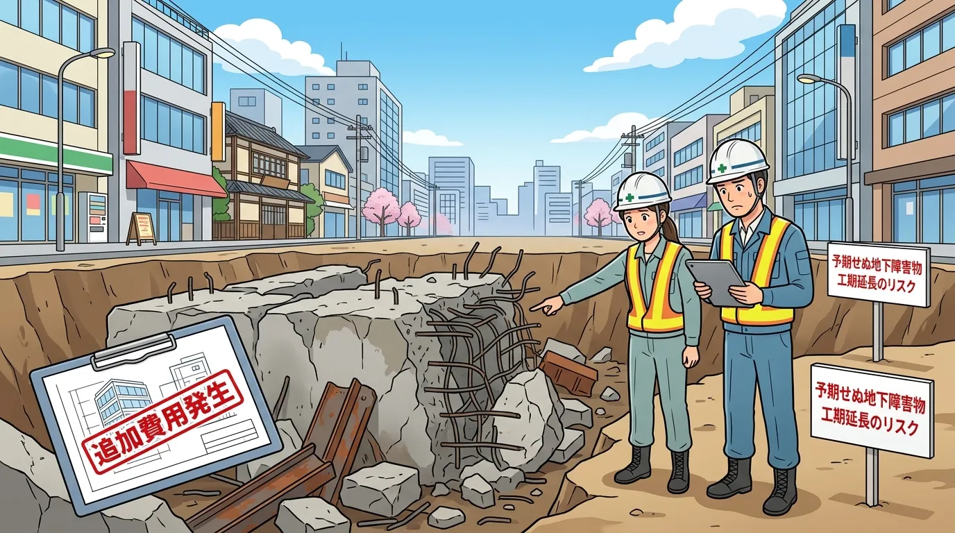 地中から掘り起こされた、過去の建物のコンクリート基礎。追加費用のリスクを具体的に示す写真]