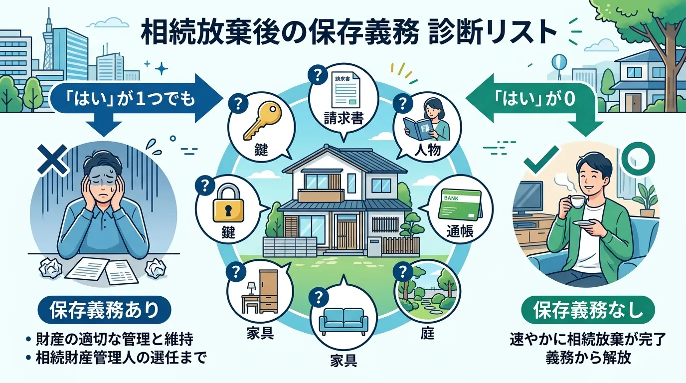 日本人と現代日本の風景, インフォグラフィック形式のフローチャート。「相続放棄後の保存義務 診断リスト」というタイトル。中央に家のイラストと7つの質問アイコン（鍵、請求書、人物など）を配置。そこから「