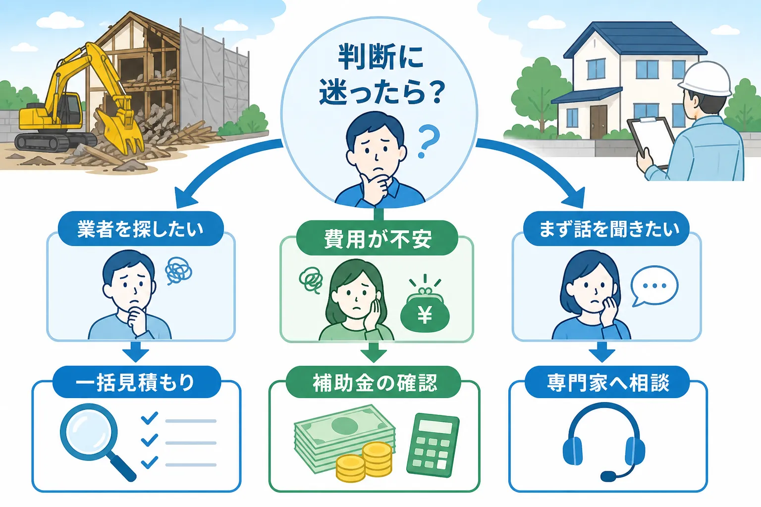 日本の木造住宅・空き家の解体現場を写実的に描いたビジュアル。重機・養生シート・整地後の更地など。基調色は #9a0300。実在する企業のロゴ・看板・車体・人物の顔は描かない。画像内に文字を入れない（図
