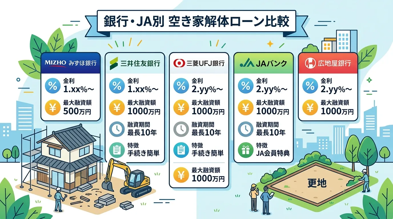 日本人と現代日本の風景, 「空き家解体ローン」の比較インフォグラフィック。フラットデザインの明るいデジタルイラスト。中央に「銀行・JA別 空き家解体ローン比較」というタイトル。複数の金融機関の情報がカ
