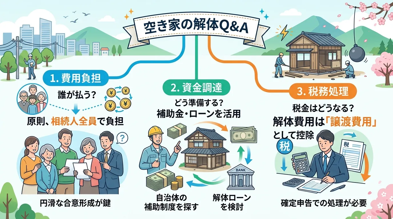 日本人と現代日本の風景, 「空き家の解体Q&A」をテーマにしたインフォグラフィック。中央にタイトルを置き、「費用負担」「資金調達」「税務処理」の3つの疑問が枝分かれする図解。各項目に「相続人全員」「補