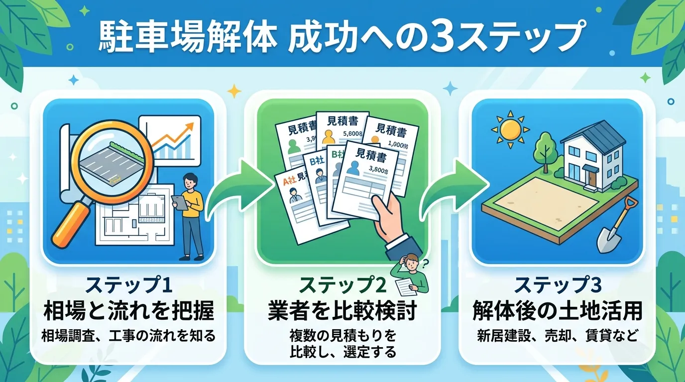 日本人と現代日本の風景, 「駐車場解体 成功への3ステップ」というタイトルのインフォグラフィック。フラットデザインのデジタルイラストで、3つのステップを矢印でつなぐ。ステップ1は虫眼鏡アイコンで「相場