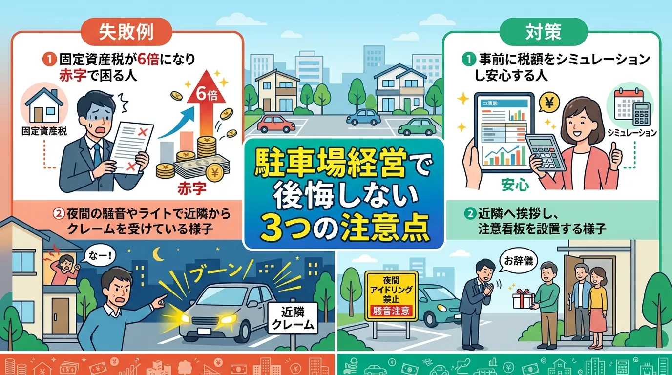 日本人と現代日本の風景, 「駐車場経営の失敗と対策」をテーマにしたインフォグラフィック。フラットデザインのデジタルイラストで、アイコンと日本語テキストを使用。中央にタイトル「駐車場経営で後悔しない3つ