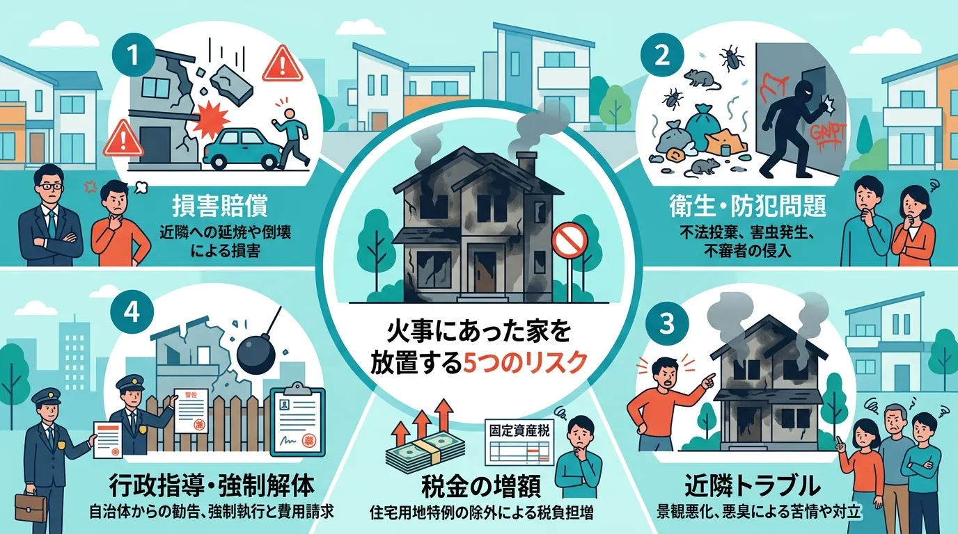 日本人と現代日本の風景, 「火事にあった家を放置する5つのリスク」をテーマにしたインフォグラフィック。中央に火事で黒焦げになった家のイラストを配置。その周りに円形に5つのリスクをアイコンと「行政指導・