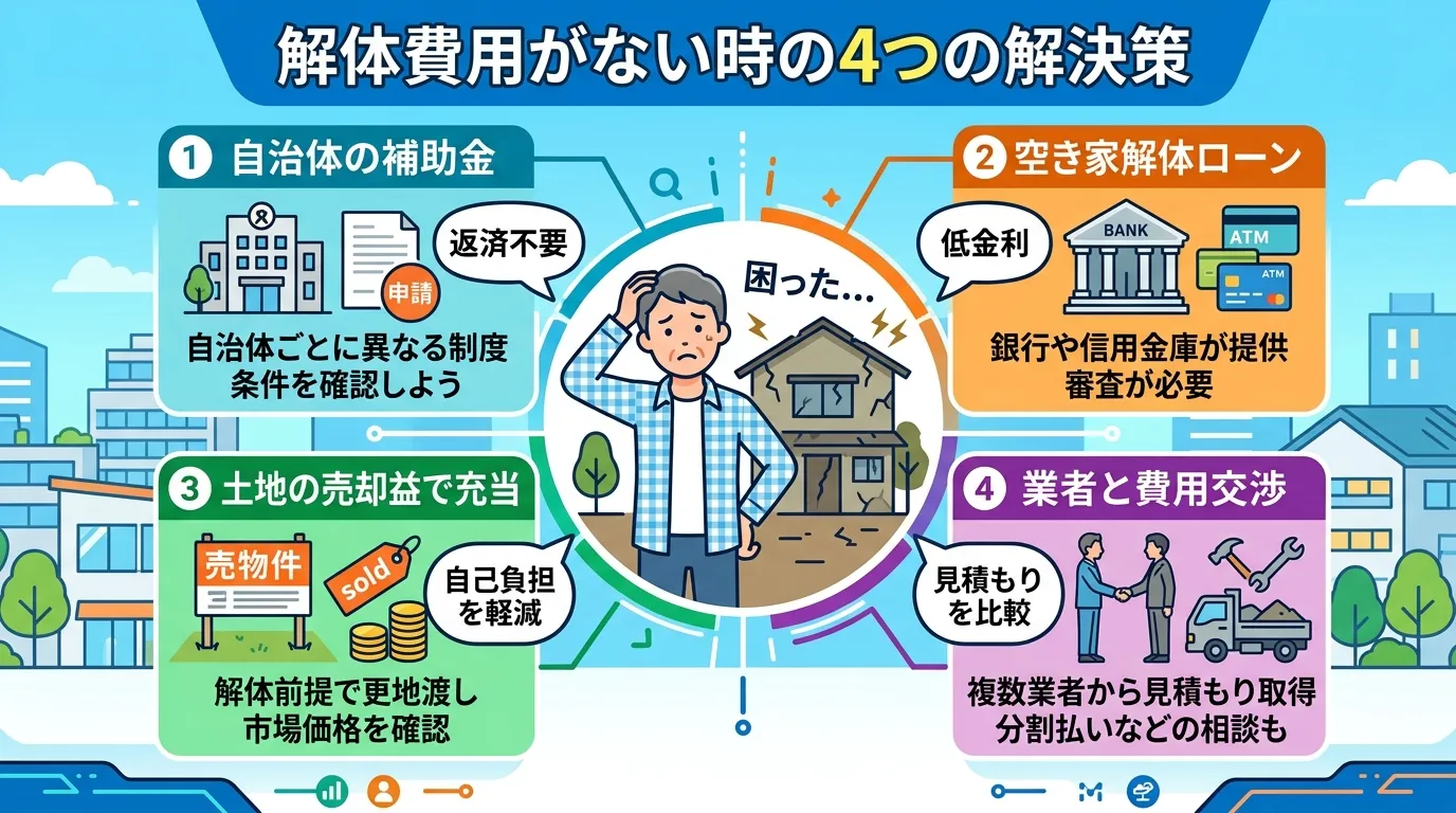 日本人と現代日本の風景, 「解体費用がない時の4つの解決策」をテーマにしたインフォグラフィック。中央に困った表情の家と人物を配置し、そこから放射状に4つの解決策を示す。①「自治体の補助金」と役所のアイ
