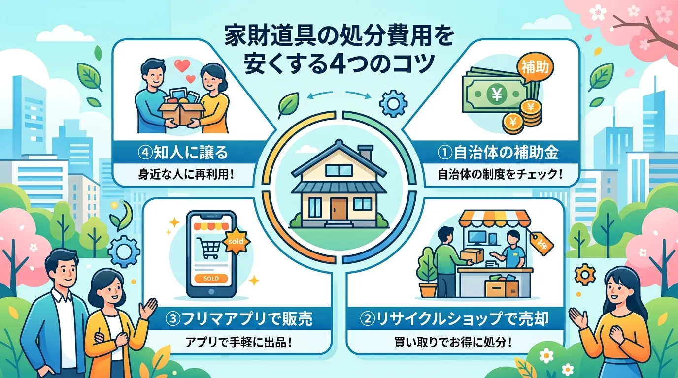 日本人と現代日本の風景, 「家財道具の処分費用を安くする4つのコツ」というテーマのインフォグラフィック。中央に家のアイコンを配置し、その周りに4つの方法をアイコン付きで示す。「①自治体の補助金」「②リ