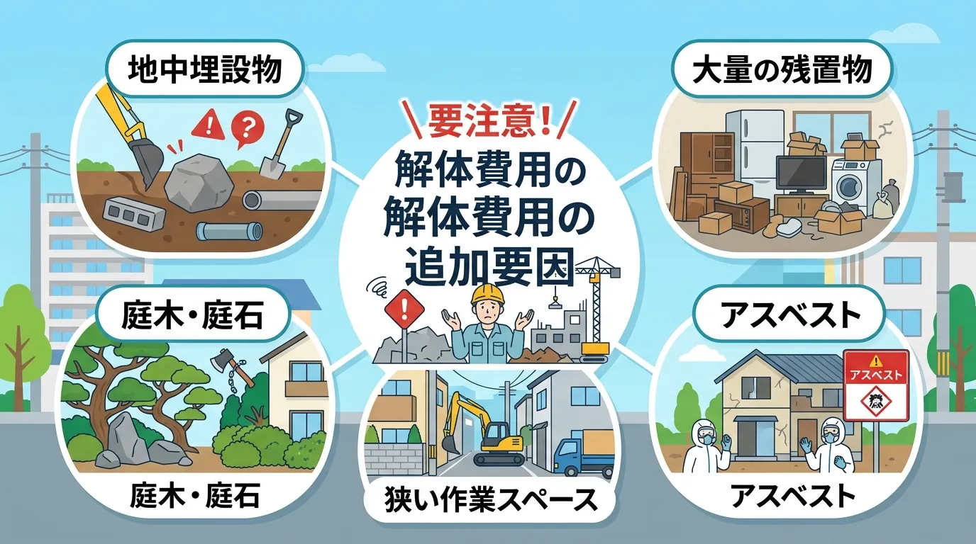 日本人と現代日本の風景, インフォグラフィック、フラットデザイン。中央に「要注意！解体費用の追加要因」という日本語テキストと困った表情の人物を配置。その周りに5つの要因（地中埋設物、大量の残置物、アス