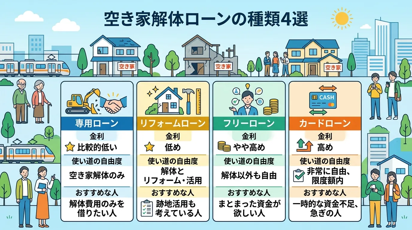 日本人と現代日本の風景, インフォグラフィック、「空き家解体ローンの種類4選」というタイトル。4つのローン（専用ローン、リフォームローン、フリーローン、カードローン）をアイコン付きで比較する表形式の図