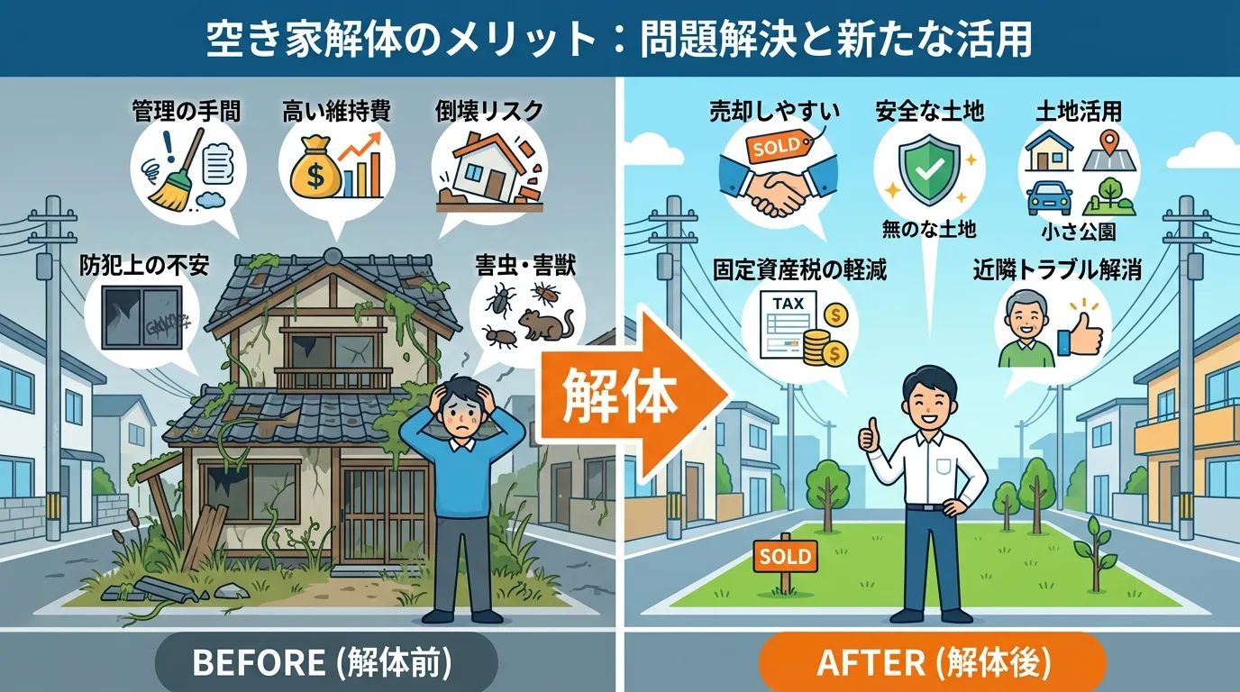 日本人と現代日本の風景, 空き家解体のメリットを伝えるインフォグラフィック。画面を左右に分割した比較図。左側には、古びて雑草だらけの空き家の前で悩む人物と、「管理の手間」「高い維持費」「倒壊リスク」と