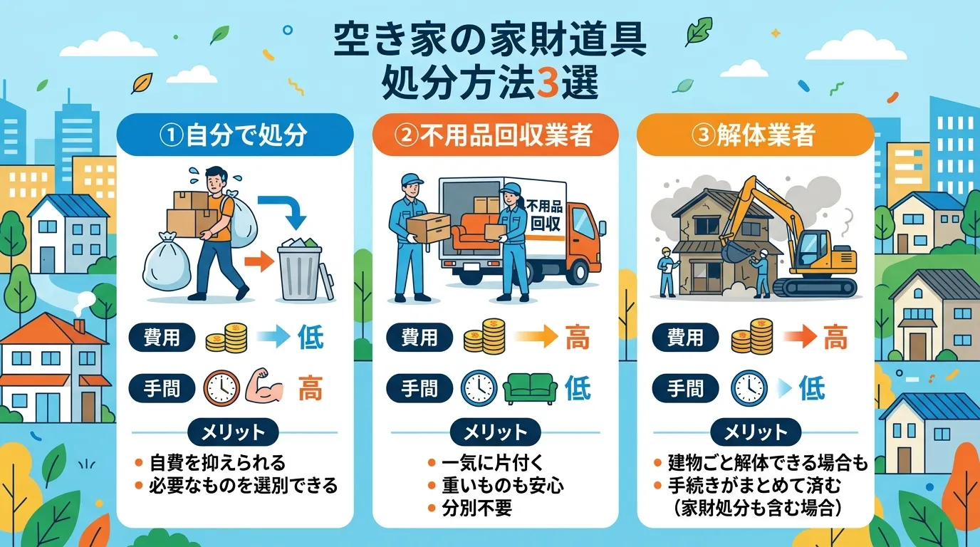 日本人と現代日本の風景, インフォグラフィック、タイトル「空き家の家財道具 処分方法3選」。3つの選択肢「①自分で処分」「②不用品回収業者」「③解体業者」を横に並べて比較する図解。各選択肢に人物イラス