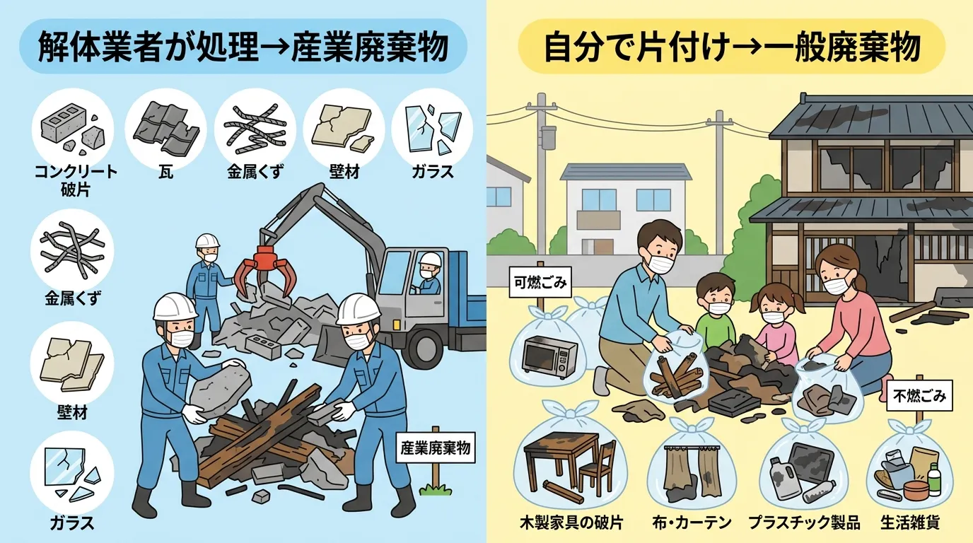 日本人と現代日本の風景, 火事後のゴミ分別を解説するインフォグラフィック。画面を2分割した比較図で、左に「解体業者が処理&rarr;産業廃棄物」、右に「自分で片付け&rarr;一般廃棄物」と表示。左にはヘルメットの作業員