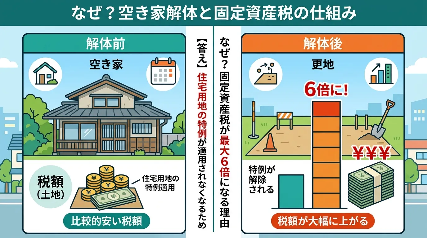 日本人と現代日本の風景, 「空き家解体と固定資産税」をテーマにしたインフォグラフィック。画面を左右に分割した比較図で、左に「解体前」の家と安い税額、右に「解体後」の更地と高くなった税額（土地の税金が6