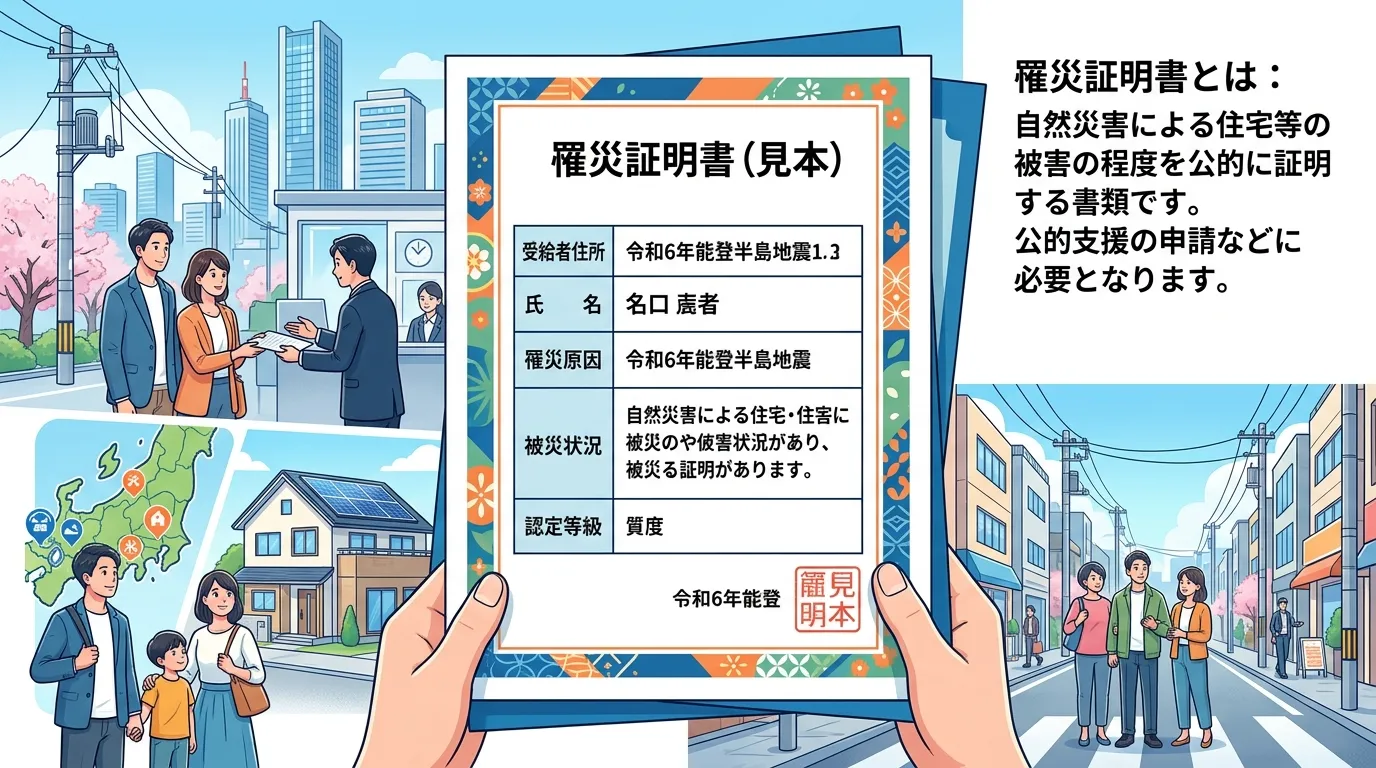 罹災証明書の見本画像。どのような書類か視覚的にわかるようにする]