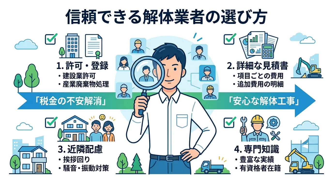 日本人と現代日本の風景, インフォグラフィック、主題は「信頼できる解体業者の選び方」。中央に虫眼鏡で複数の業者を比較する人物。周りに「許可・登録」「詳細な見積書」「近隣配慮」「専門知識」のチェック項目