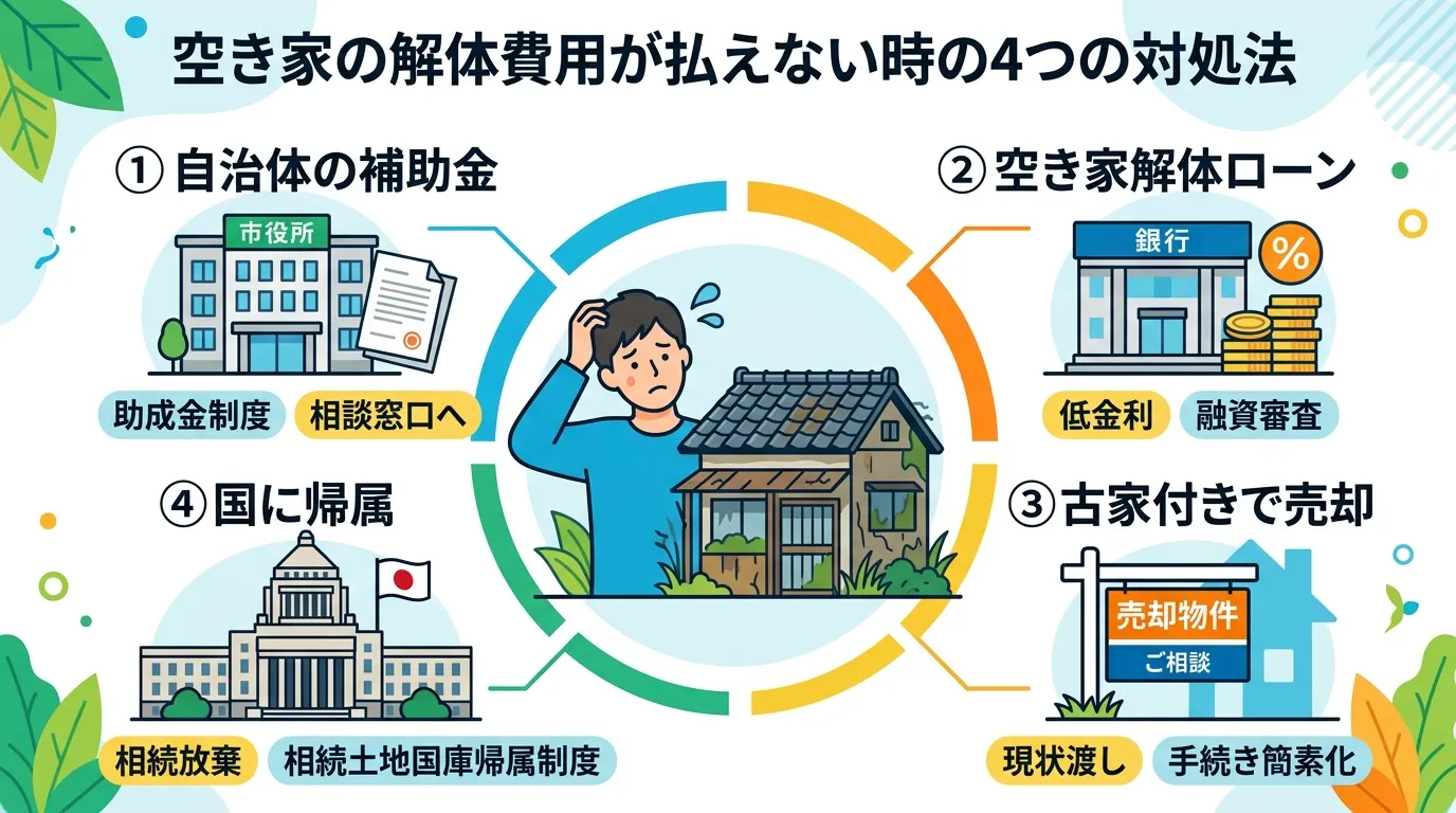 日本人と現代日本の風景, 「空き家の解体費用が払えない時の4つの対処法」というタイトルのインフォグラフィック。中央に困った表情の人物と古い家のイラストを配置。その周りに4つの選択肢をアイコン付きで放射