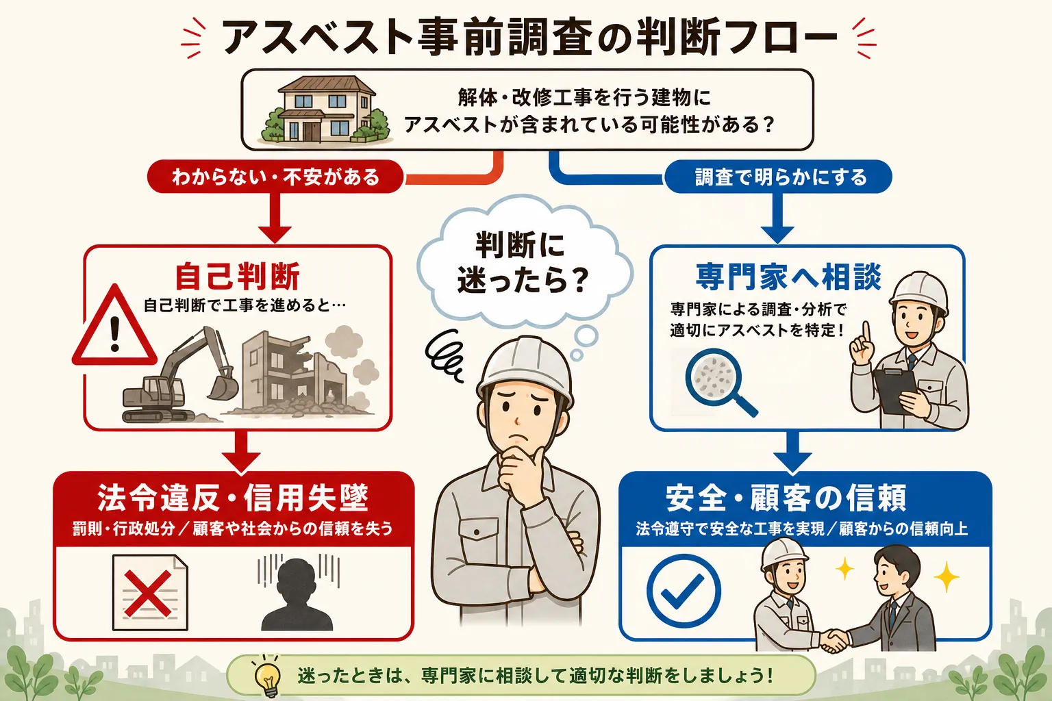 日本の木造住宅・空き家の解体現場を写実的に描いたビジュアル。重機・養生シート・整地後の更地など。基調色は #9a0300。実在する企業のロゴ・看板・車体・人物の顔は描かない。画像内に文字を入れない（図