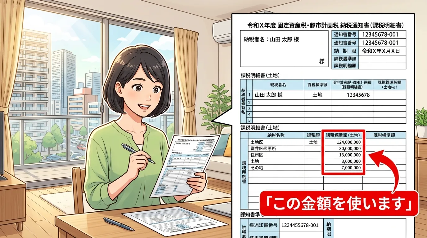 固定資産税・都市計画税の納税通知書（課税明細書）の見本写真。個人情報部分はダミーデータに差し替える。「土地」の「課税標準額」の箇所を赤枠で囲み、矢印で「この金額を使います」と示す。]