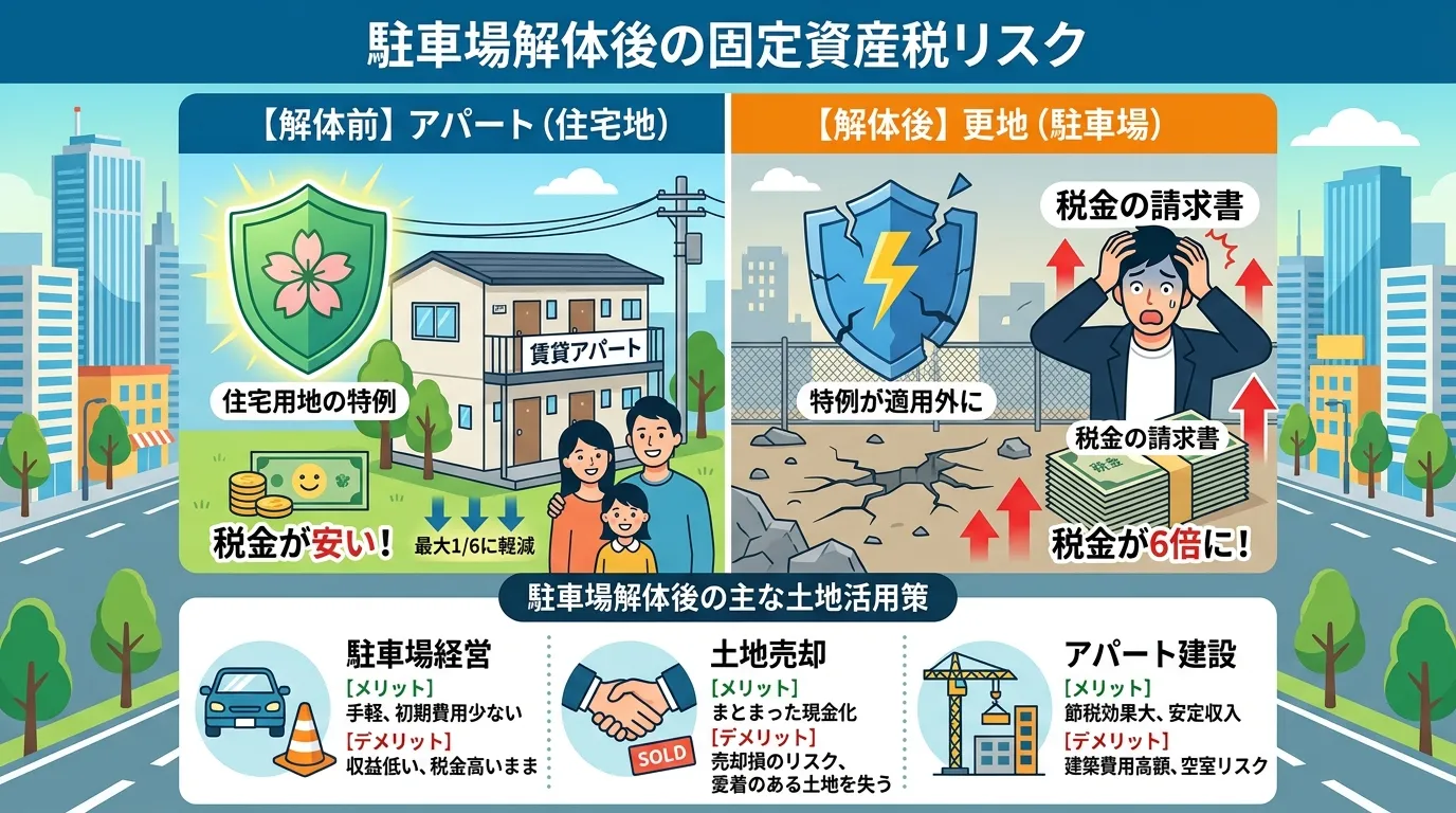 日本人と現代日本の風景, 「駐車場解体後の固定資産税リスク」を解説するインフォグラフィック。フラットデザインのデジタルイラスト。画面を左右に分け、左は「解体前」のアパートと「税の特例」の盾で税金が安い