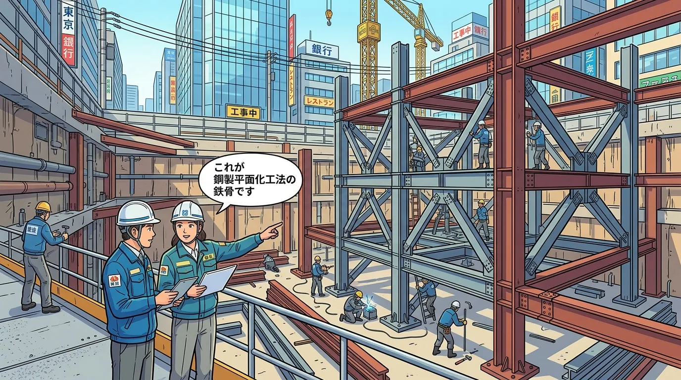 鋼製平面化工法でピット内に鉄骨の骨組みが組まれている状態の写真]