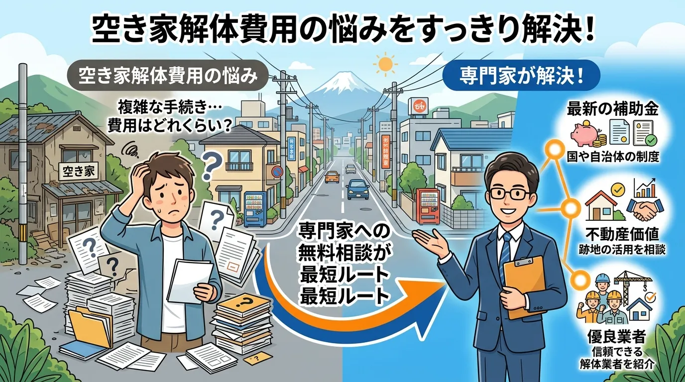 日本人と現代日本の風景, 空き家解体費用の悩みを解決するインフォグラフィック。左側に「？」や書類の山に囲まれ困る人物、右側に解決策を提示する専門家を配置。中央に「専門家への無料相談が最短ルート」と書か